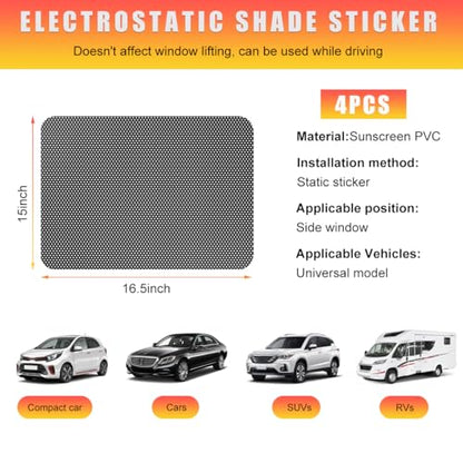 Ohleats 4 PCS Car Side Window Sunshade, 16.5"×15" Static Cling Auto Shade Sticker for UV, Heat, Glare & Privacy Protection, Reusable Vehicle Window Film Shade, Car Accessories
