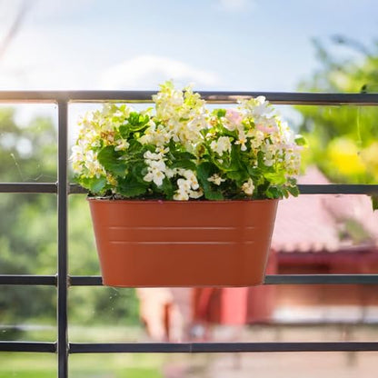 3 Pack Metal Railing Planters, 10.5" Oval Hanging Flower Pots with Detachable Hooks & Drainage Holes, Fits Rails up to 2.36", Galvanized Iron Fence Bucket for Balcony Garden Patio - Terracotta - color: Terracotta, size: 3 Pack, 10.5"L x 5.7"W x 4.7"H