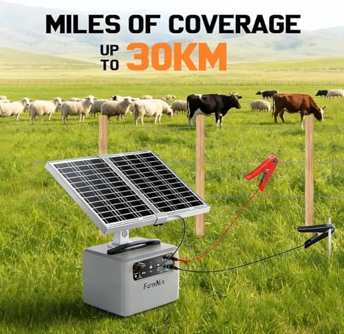 Solar Electric Fence Charger, 30 Mile 6-12KV 0.3-1.5J for Livestock
