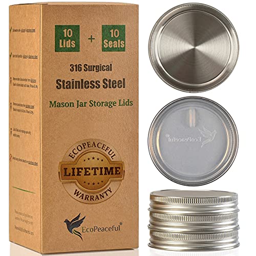 316 Surgical Stainless Steel Mason Jar Lids REGULAR Mouth - Rust-proof, Airtight, Leak-proof, BPA-Free, PVC-free, Vegan, Reusable - Not for Canning - size: 10 Regular Mouth Lids - 2 3⁄4" outer Ǿ