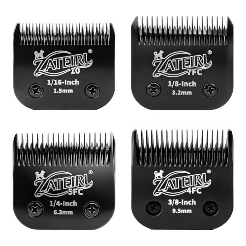 4 Pack Pet Grooming Clipper Blades with Steel Cutters, Sizes 10, 7FC, 5FC & 4FC, Black, Compatible with Andis, Oster A5, Wahl KM10 A5 Style Dog Clippers - color: Black, size: 10# + 7FC + 5FC + 4FC