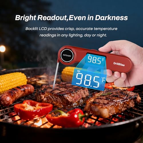 Instant Read Meat Thermometer, GrillBliss USB-C Rechargeable Digital Food Thermometer with 0.5s Fast Read & ±0.5℉ Accuracy, VA LCD Display, Cooking Thermometer for BBQ, Grill, Candy, Brewing