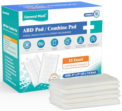 General Medi Sterile Abdominal Combine Pads - 25 Count 5" x 9" Individually Wrapped Absorbent & Thick Pads