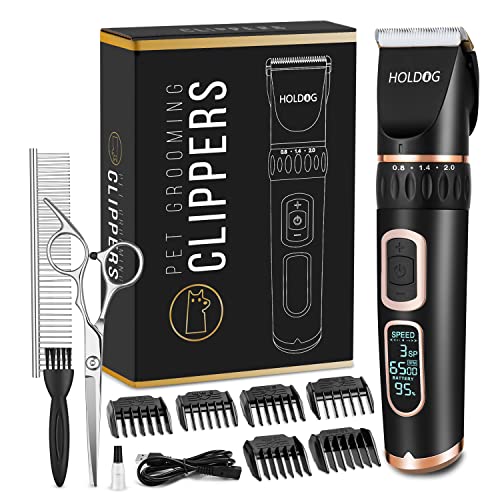 HOLDOG Dog Clippers Professional Heavy Duty Grooming Clipper 3-Speed Low Noise High Power Rechargeable Cordless Pet Tools for Small & Large Dogs Cats Pets with Thick Coats - color: Black