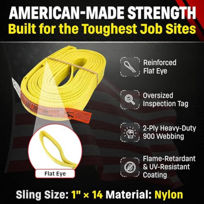 DD Sling 1 Inch x 3 Foot Nylon Lifting Sling – USA Made, 3,200 lb Vertical, 2,600 lb Choker, 6,400 lb Basket – 2-Ply Heavy Duty 900 Webbing, Type 3 Flat Eye & Eye Rigging Sling - size: 1"x14'