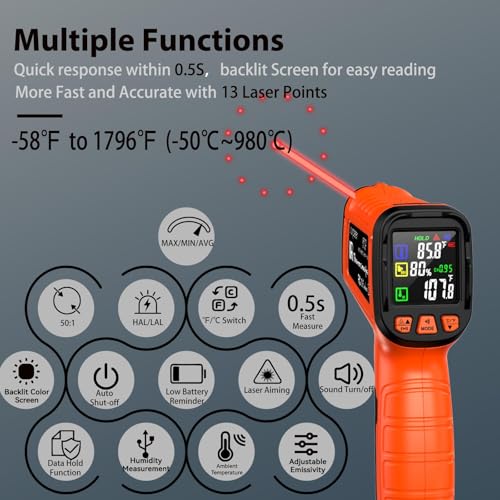 58°F to 1796°F Infrared Thermometer Gun, Dual-Mode 16:1 - color: Orange/-58°F to 1796°F and -58°F to 572°F-holster