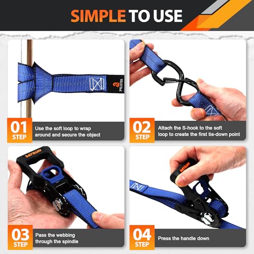 A ANTELOPE 4 Pack 1" x 15' Ratchet Tie Down Straps with S Hooks, Blue - color: Blue, size: 4PK-1 in