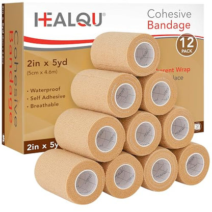 HEALQU Self Adhesive Bandage Wrap - 12 Rolls 2in x 5yd Cohesive Tape for Athletic and Sports - Self Adherent Medical Tape, Flexible, Elastic Bandages for Wrist & Ankle Vet Wrap for Dogs - size: 2 Inch Box of 12