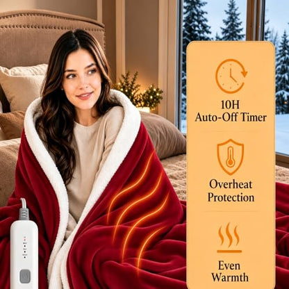 Electric Heated Blanket 72"×84" Full Size, Sherpa & Snuggly for Living Room, Sofa, Study, 4 Heat Settings & 10H Auto-Off, Energy Efficient, Machine Washable, Bright Red - color: 08-red, size: Full Size ( 72"x84" )