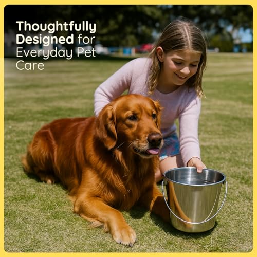 9 quart Heavy Duty Stainless Steel Round Bucket with Handle | 2.25 gal Sturdy Food & Water Bowl for XL Dog Goat sheep Horse & Livestock | Fits kennel Crate Farm | Hanging Utility Pet Pail - size: 9 Quarts