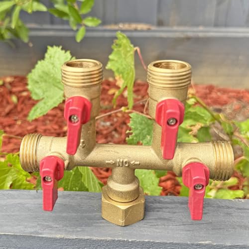 HQMPC Hose Splitter – Heavy-Duty Brass Garden Faucet Connector Garden Hose Splitter 4 Way 3/4" GHT Thread Red Handle - style: 4 Way Hose Splitter