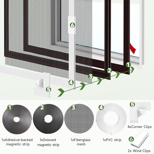 HOFUDON Window Screen Adjustable Magnetic Window Screen Replacement Max 43” x 71”, DIY Fiberglass Mesh Window Screens for House Windows White Frame Grey Mesh - color: White Frame Gray Mesh, size: 43" x 71"