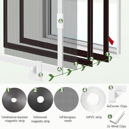 HOFUDON Window Screen Adjustable Magnetic Window Screen Replacement Max 43” x 71”, DIY Fiberglass Mesh Window Screens for House Windows White Frame Grey Mesh - color: White Frame Gray Mesh, size: 43" x 71"