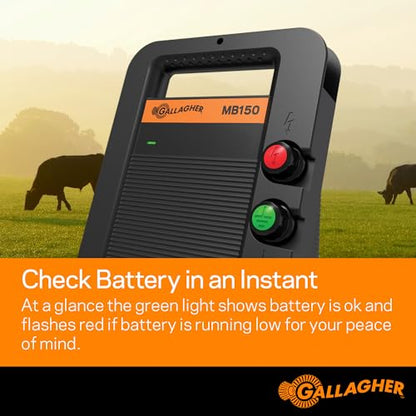 Gallagher MB150 Multi-Power Electric Fence Energizer | 1.5 Joule Fence Charger for Livestock & Pasture Fencing | 110V Plug-in or 12V Battery Powered | Powers Up to 30 Miles