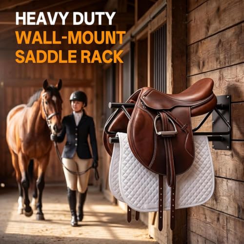 6 Pack Wall Mounted Saddle Racks with Pad Bar | Heavy Duty Black Saddle Rack Stand, Sturdy Saddlestand for English & Western Saddles, Blankets & Horse Gear