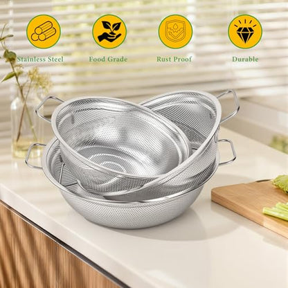 Stainless Steel Colander Set of 3, 18/8 Food Grade Steel Kitchen Strainers, 2, 3 & 5 Quart Metal Pasta Strainers with Welded Handles, Non-Slip Feet, 2.5mm Precision Holes, Dishwasher Safe - color: Stainless Steel