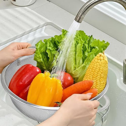 3-Piece Stainless Steel Colander Set with Handles - 5Qt/3Qt/1Qt Nesting Strainers for Pasta, Veggies, Fruit Drainage, Durable Micro-Hole Mesh for Fast Water Flow - size: 1QT+3QT+5QT