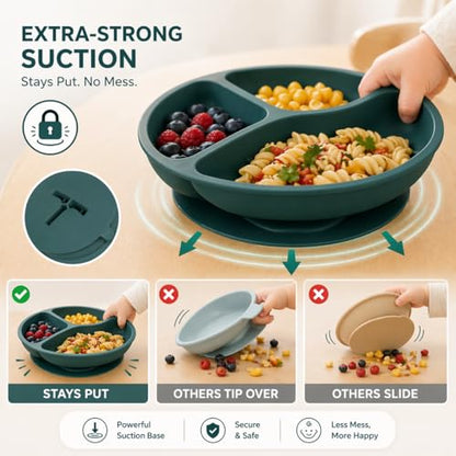 Silicone Baby Feeding Set, Suction Plates Bowls Bibs for Self Feeding Green | Baby Led Weaning, BPA-Free Suction Plates and Bowls, Baby Spoons Forks, Independent Eating, Easy Clean - color: Green Spruce