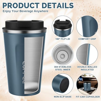 MOMSIV 12oz Travel Coffee Mug, Insulated Coffee Cup with Leakproof Lid - color: A-Silver Blue-12oz