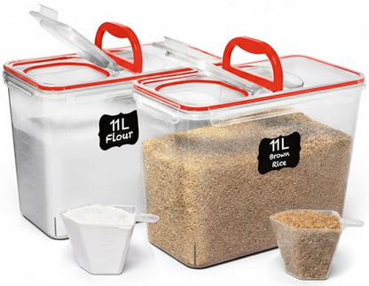 Shazo 2 PC (11L | 372 oz) Flour Sugar Storage Containers with Spout Lid & Easy Carry Handle - BPA Free Extra Large Airtight Food Storage Containers with Lids - Rice Canisters Sets for Kitchen & Pantry - color: Red