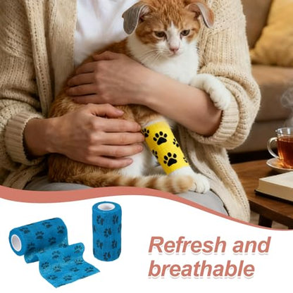 Pet Wrap Bandages, 4 Inch 5 Yard Self Adhesive Bandage Wrap, Pet Non-Woven Tape First Aid Cohesive Gauze, (Light Blue/Paw, 2 Pcs), Intended for Dog/Cat/Bird/Legs/Paws/Wound - color: Light Blue, size: 4 inch