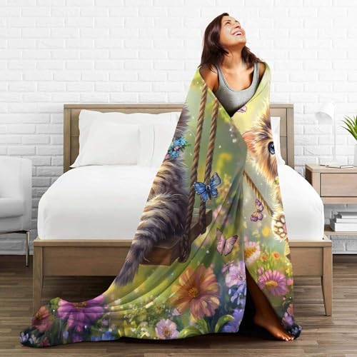 Funny Cat Blanket Gifts for Girls Boys Butterfly Throw Blankets Cute Cat on a Swing Fleece Flannel Stuff Soft Lightweight Flowers Plush Blanket for Kids Teens Adults Bed Sofa Decor 60"x50" | Cute Cat on a Swing Stuff Fleece Flannel Throws Soft Lightweight