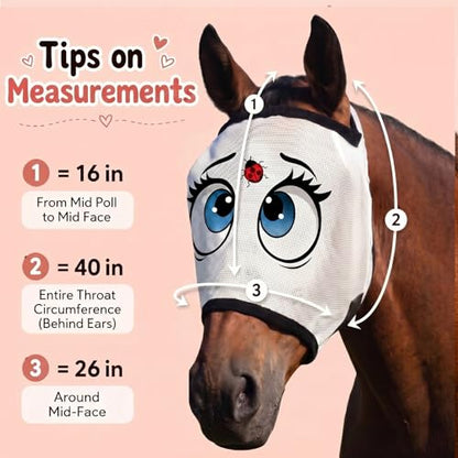 Ladybug Mesh Fly Mask for Horses Cartoon Eye Full Face Bug Protection with Breathable Mesh Soft Padding, Clear Vision, Stretch Fit, UV Protection, Comfortable Adjustable Fit for All Horses