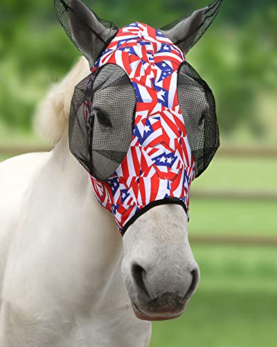 Harrison Howard Super Comfort Stretchy Fly Mask Large Eye Space with UV Protection Soft on Skin with Breathability Flag Grid M - color: Flag Grid, size: Cob (Medium)