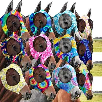 Qualirey 12 Pieces Horse Fly Mask Bulk, Medium, Tie Dye Patterns - color: Tie Dye Patterns, size: Medium