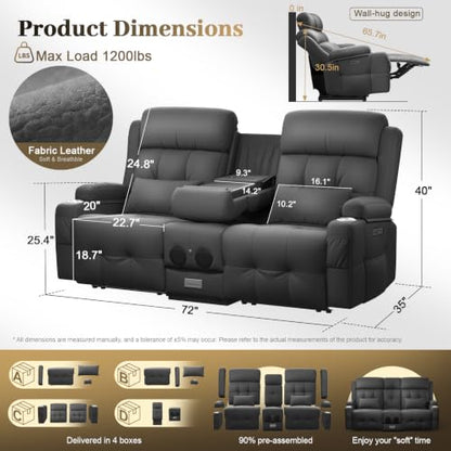 Power Reclining Loveseat Sofa with Flip Backrest Console - color: Gray Texture Finish, size: Power Loveseat