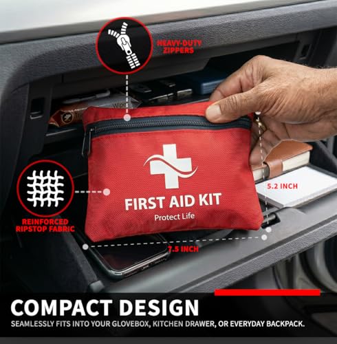 Protect Life Travel First Aid Kit for Car - Small Mini Emergency Kit, 100 Piece Waterproof First Aid Kit for Home, Camping, Boat & Hiking - Includes Emergency Blanket & First Aid Guide - size: 100 Pieces