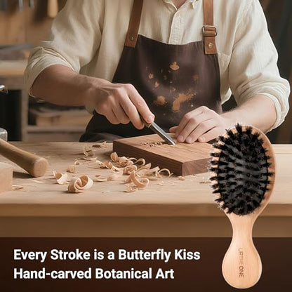 URTHEONE 2Pcs Mini Boar Bristle Hair Brush Set, Pocket Travel Brush - color: boar black