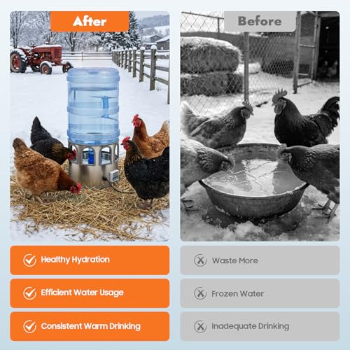 Poultry Chicken Water Heater, 80W Heated Chicken Waterer 5 Gallon with 32 °F-122°F Temperature Adjustable, 9 Drinking Windows & LED Display Screen, Poultry Water Deicer for Winter