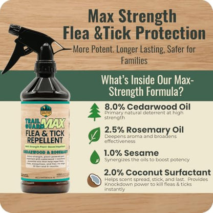 Trail Guard MAX - Natural Extra Strength Insect, Flea and Tick Spray for Dogs, People & Home (16oz MAX Strength, Cedarwood & Rosemary) - size: 16oz MAX Strength