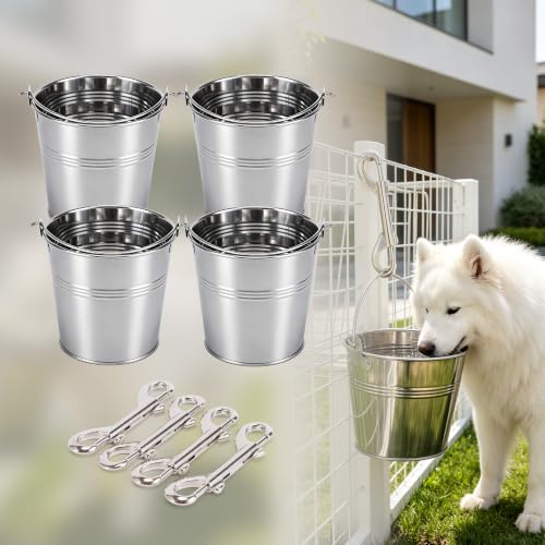 4 Pack 1 Quart Stainless Steel Hanging Pet Bucket with 4 Double End Snap Hooks, Heavy Dog Water Food Pail for Crate Kennel Cage, Rust Proof Farm Feeder Bowl for Dogs Cats Rabbit Chicken