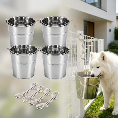 4 Pack 1 Quart Stainless Steel Hanging Pet Bucket with 4 Double End Snap Hooks, Heavy Dog Water Food Pail for Crate Kennel Cage, Rust Proof Farm Feeder Bowl for Dogs Cats Rabbit Chicken