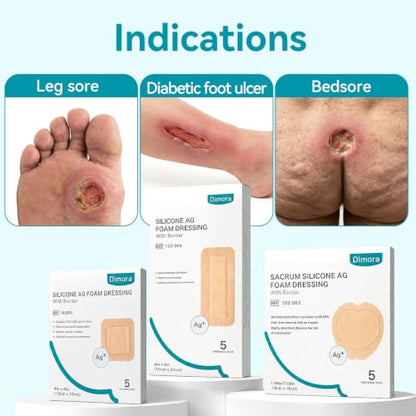 Dimora Silicone Foam Dressing Silver Ag Sterile Wound Bandage with Gentle Silicone Adhesive Border 4"x 4" Waterproof Breathable Ultra Absorbent Pads - size: 4" x 4" Ag(5 PCS)
