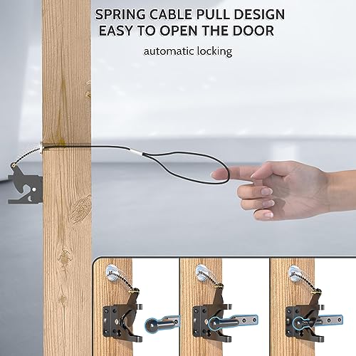 Gate Latch with Spring Cable Pull for Fence Gate - Carbon Steel - Black,Self Locking Fence Gate Latch,Gate Latch for Wooden Fence,Fence Door Latch
