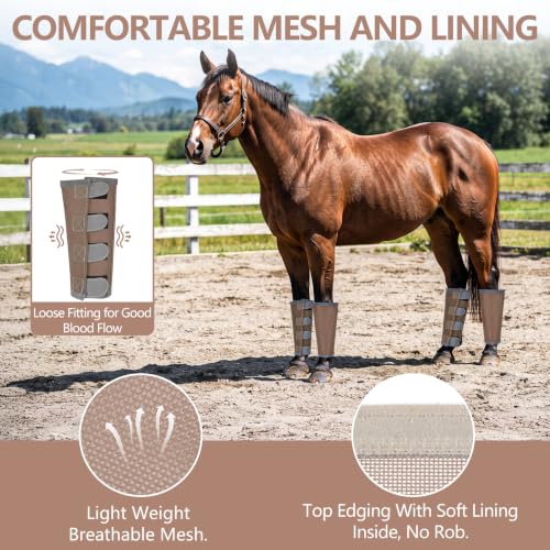 Fly Boots for Horses Set of 4 with Reflective Vercros, Loose Fitting Mesh Horse Fly Boots Leggings, Adjustable Equine Leg Wraps & Socks, Stay Up Not Sag, No Rub - color: Camel