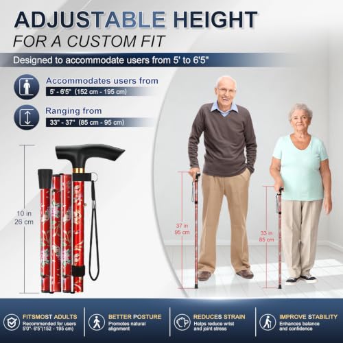 supregear Folding Cane, 5-Level Adjustable Height Walking Stick Lightweight Collapsible Portable Travel Cane with Wrist Strap and T Handle for Elderly Disabled Men Women - color: Red Floral