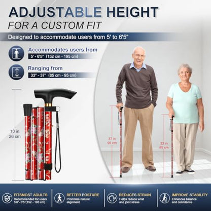 supregear Folding Cane, 5-Level Adjustable Height Walking Stick Lightweight Collapsible Portable Travel Cane with Wrist Strap and T Handle for Elderly Disabled Men Women - color: Red Floral