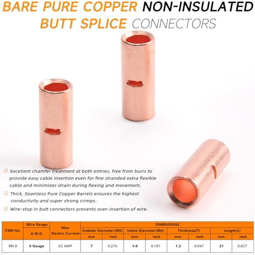 SVAAR 40 PCS 8 AWG Non-Insulated Butt Connectors Crimp Repair Butt Splices Kit, Uninsulated Butt Splice Connectors for 8 Gauge Wire, Bare Copper Seamless Barrel Heavy Duty Crimp Butt Splice Terminals - color: Bare Pure Copper