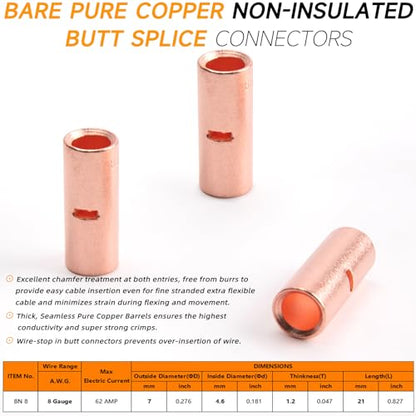 SVAAR 40 PCS 8 AWG Non-Insulated Butt Connectors Crimp Repair Butt Splices Kit, Uninsulated Butt Splice Connectors for 8 Gauge Wire, Bare Copper Seamless Barrel Heavy Duty Crimp Butt Splice Terminals - color: Bare Pure Copper