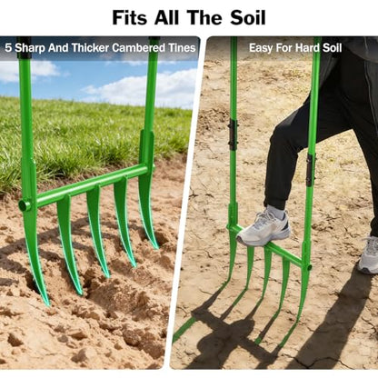 56'' Heavy Duty Broadfork for All the Soils, Detachable Pitchfork, 5 Sharp Cambered 11'' Tines Bord Fork Garden Tool, Ergonomic Handles, Good Package, Easy Assembly, Cultivator & Tiller, Green.