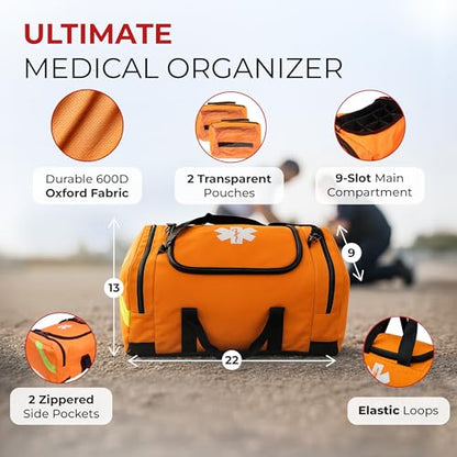 Large EMT Trauma Bag – Fully Stocked First Aid Kit with Tourniquet, Gauze, CPR Mask, Trauma Shears & Emergency Medical Supplies – Orange