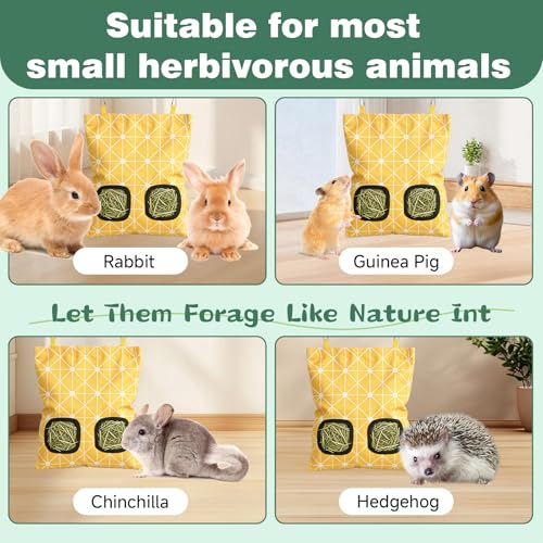 Rabbit Hay Bag 2 Pack - 2 Holes Hanging Bunny Hay Feeder Holder | Guinea Pig Hay Feeder with Metal Hooks, Oxford Cloth Feeding Bag Storage for Chinchillas and Small Animals (Blue Yellow) - color: Blue Yellow