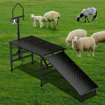 Goat Milking Stand with a Ramp, Metal Goat Stand with Feed Bin, 600LBS Livestock Trimming Stand with Height Adjustable, Sturdy Sheep Stand for Goats and Lambs, Black.
