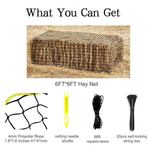 Large Round Bale Hay Net, 6 * 6FT Slow Feed Hay Net for Horses with 5mm Holes, Heavy Duty Haynet for Round Bale or Square Bale - size: 6*6FT