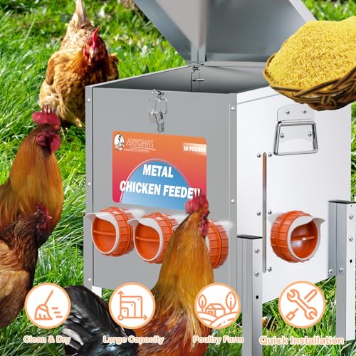 55LBS Automatic Chicken Feeder No Waste 5 Ports Metal Poultry Feeder with Adjustable Legs Perspective Window Latch & Handle for Chickens Bantams Pheasants - size: 5 Ports - 55 LBS with Legs