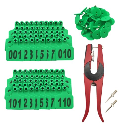 200 pcs 001-200 Number Cattle Ear Tags Plastic Livestock Farm Animal ID Tags with Ear Tag Applicator for Cattle Sheep Goat Pig Calf (Green)